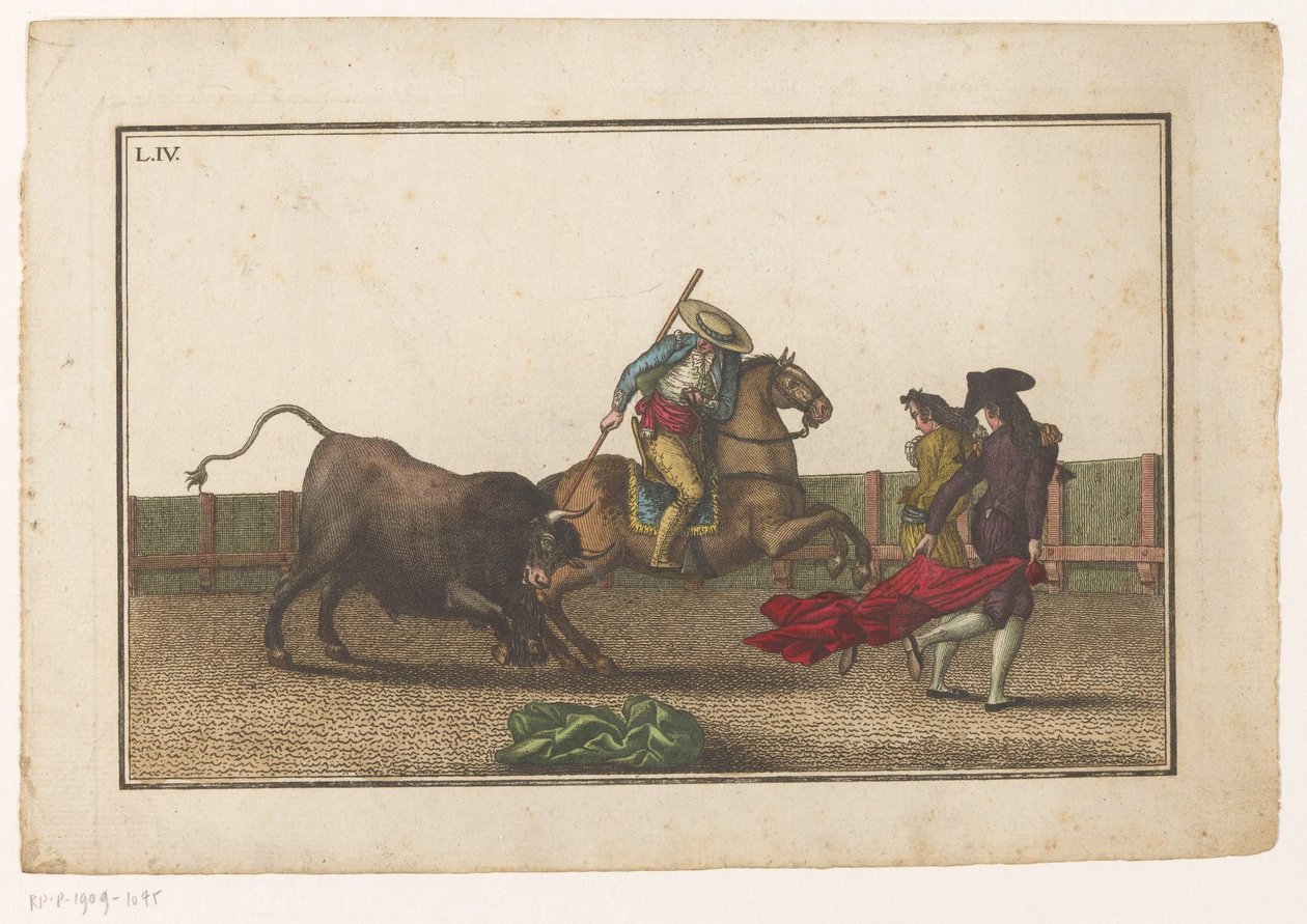 Picador stikker lansen inn i en okse Coleccion de las principales suertes de una corrida de toros (serietittel) Samling av de viktigste tyrefektingsmanøvrene (serietittel) av Luis Fernandez Noseret