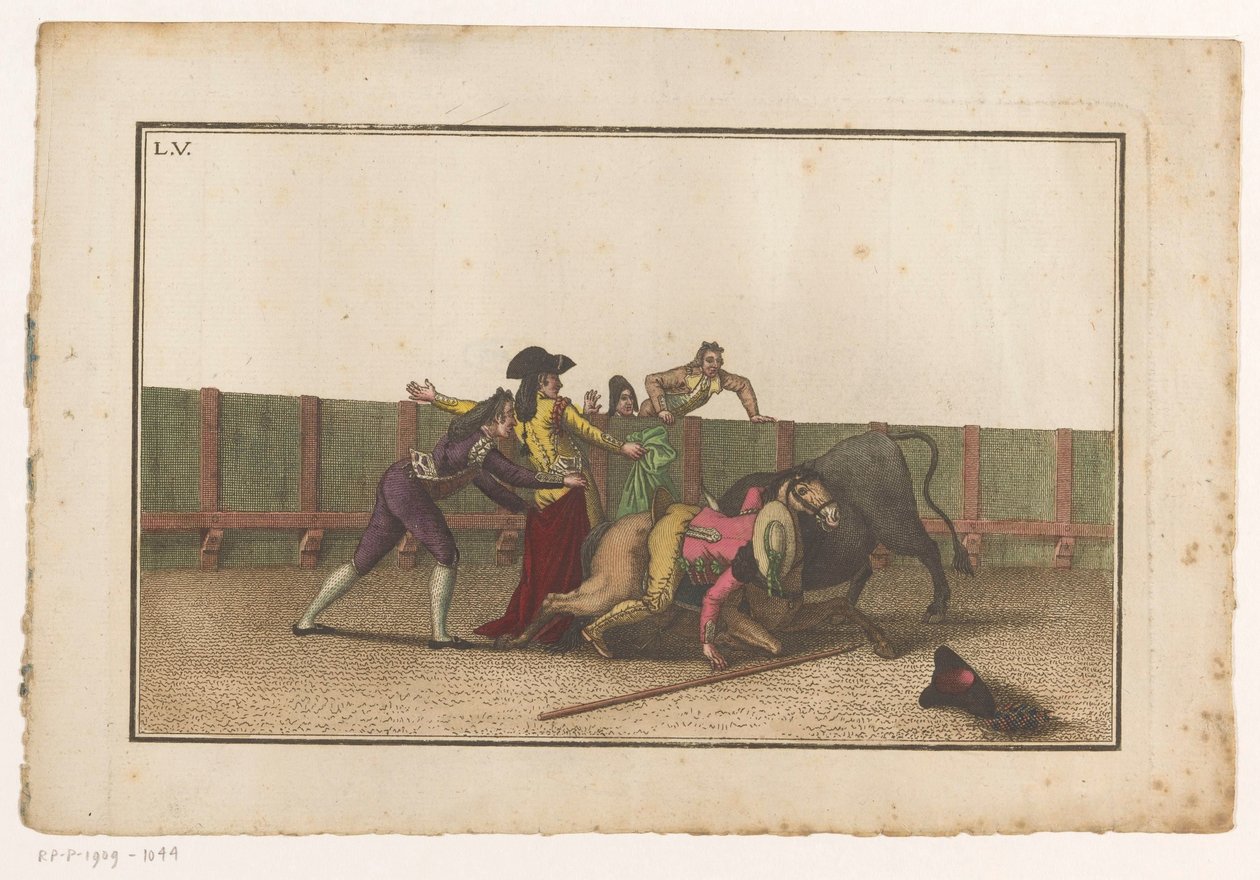 Picador falt fra hesten sin Coleccion de las principales suertes de una corrida de toros (serietittel) Samling av de viktigste manøvrene i tyrefekting (serietittel) av Luis Fernandez Noseret