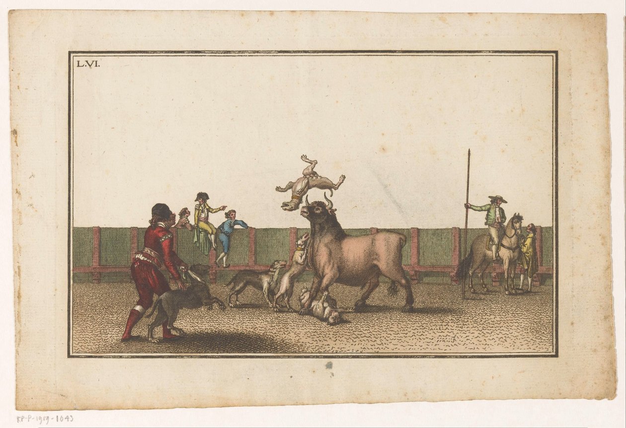Okse angrepet av hunder Coleccion de las principales suertes de una corrida de toros (serietittel) Samling av de viktigste tyrefektingsmanøvrene (serietittel) av Luis Fernandez Noseret