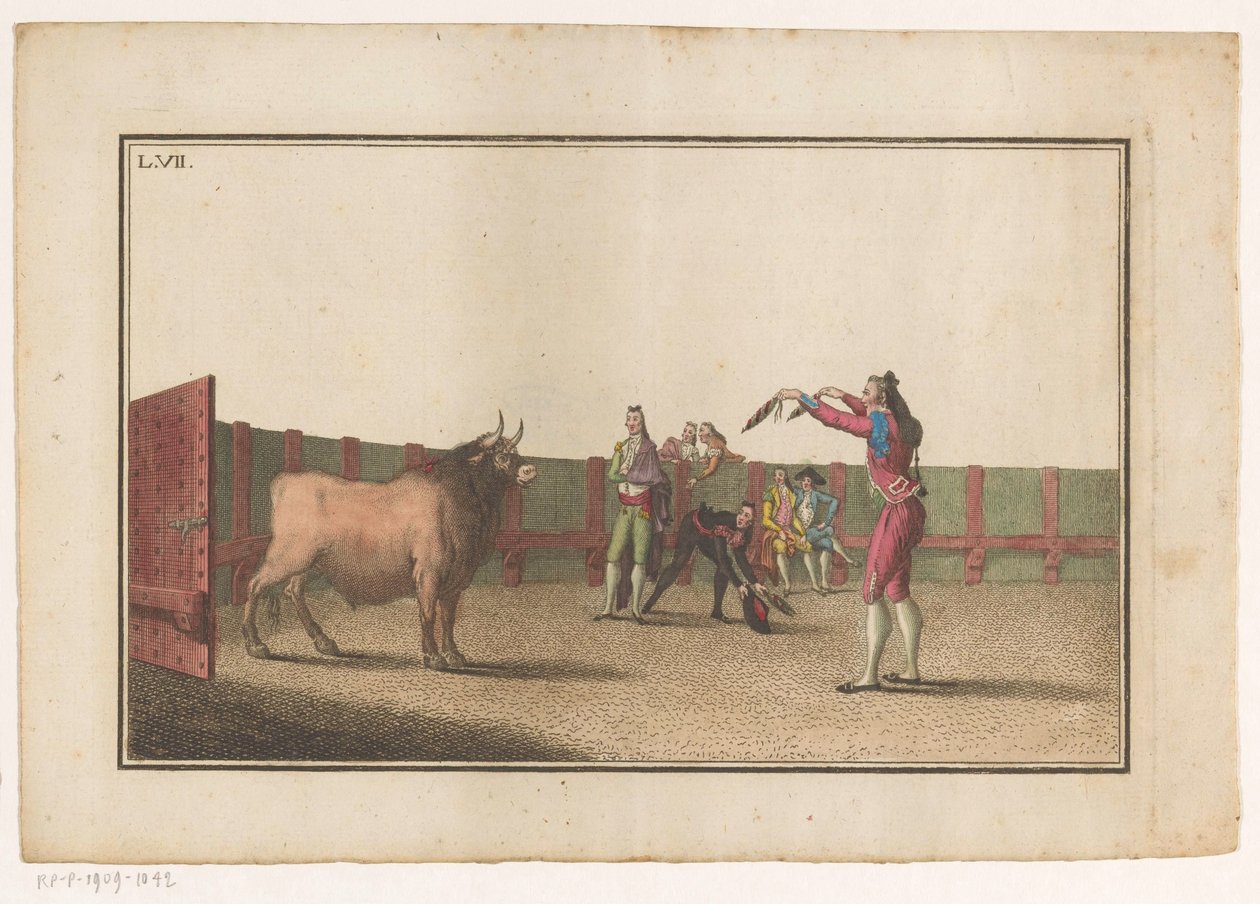 Tyrefekter med banderillaer Coleccion de las principales suertes de una corrida de toros (serietittel) Samling av de viktigste tyrefektingsmanøvrene (serietittel) av Luis Fernandez Noseret