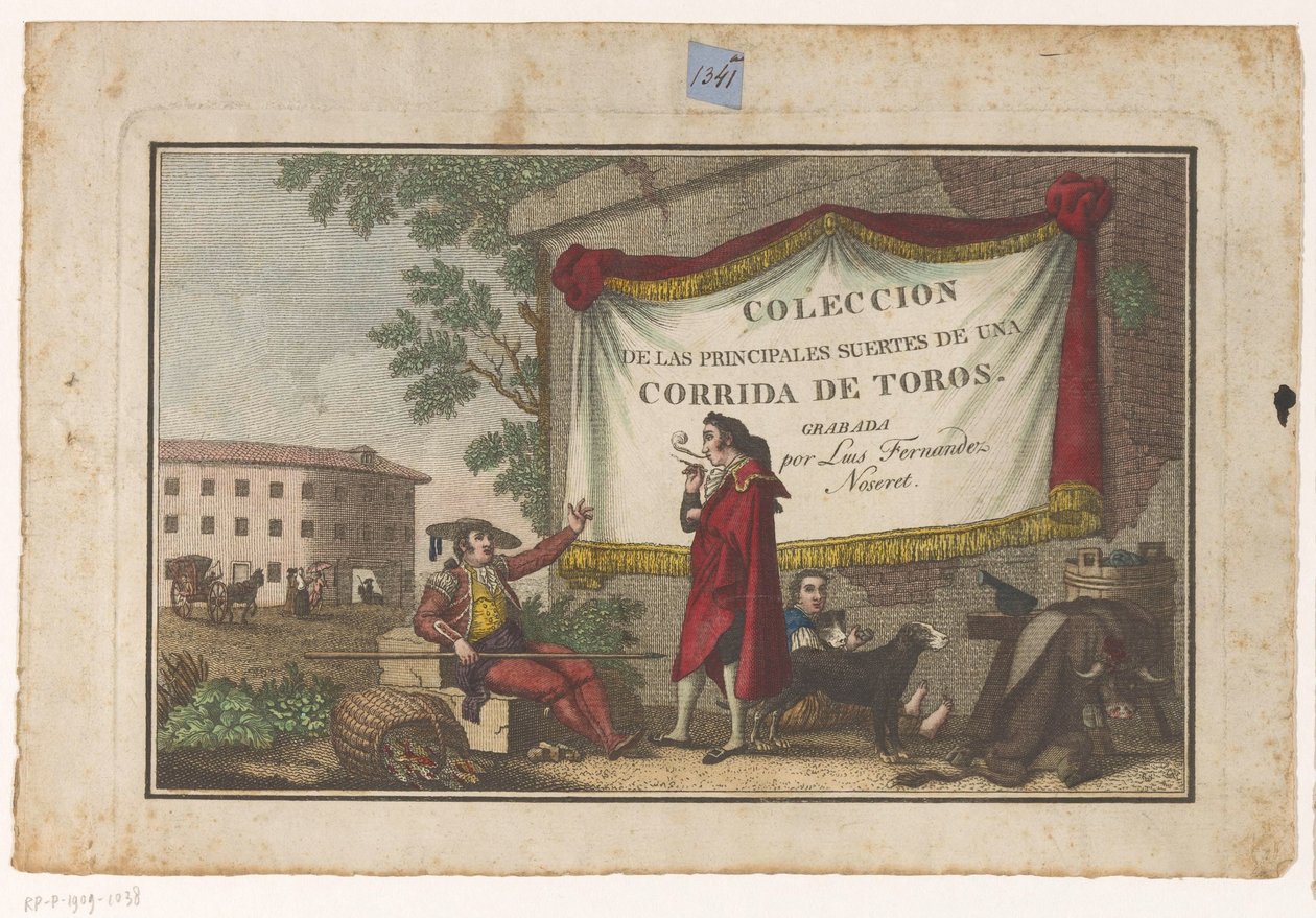Titteltrykk med tyrefektere og et okseskinn Coleccion de las principales suertes de una corrida de toros (serietittel på objekt) Samling av de viktigste tyrefektingsmanøvrene (serietittel) av Luis Fernandez Noseret