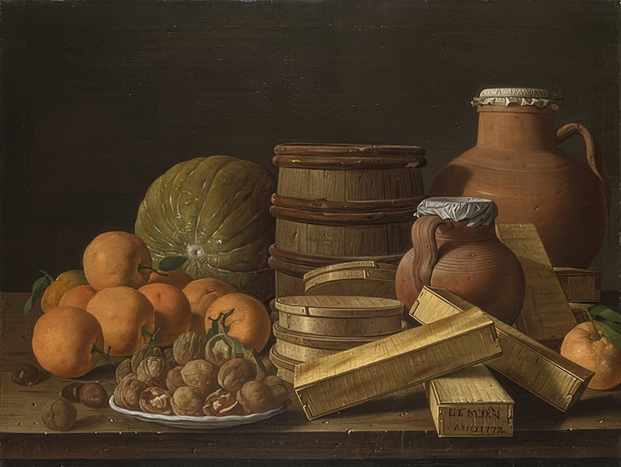 Stilleben med appelsiner og valnøtter. 1772 av Luis Egidio Melendez