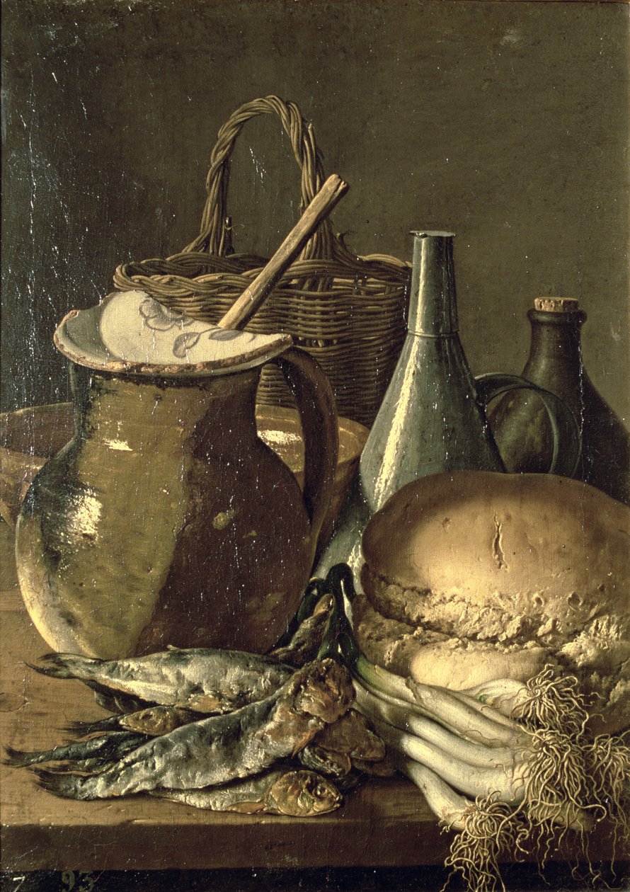 131-0058519/1 Stilleben med fisk, purre og brød av Luis Menendez or Melendez