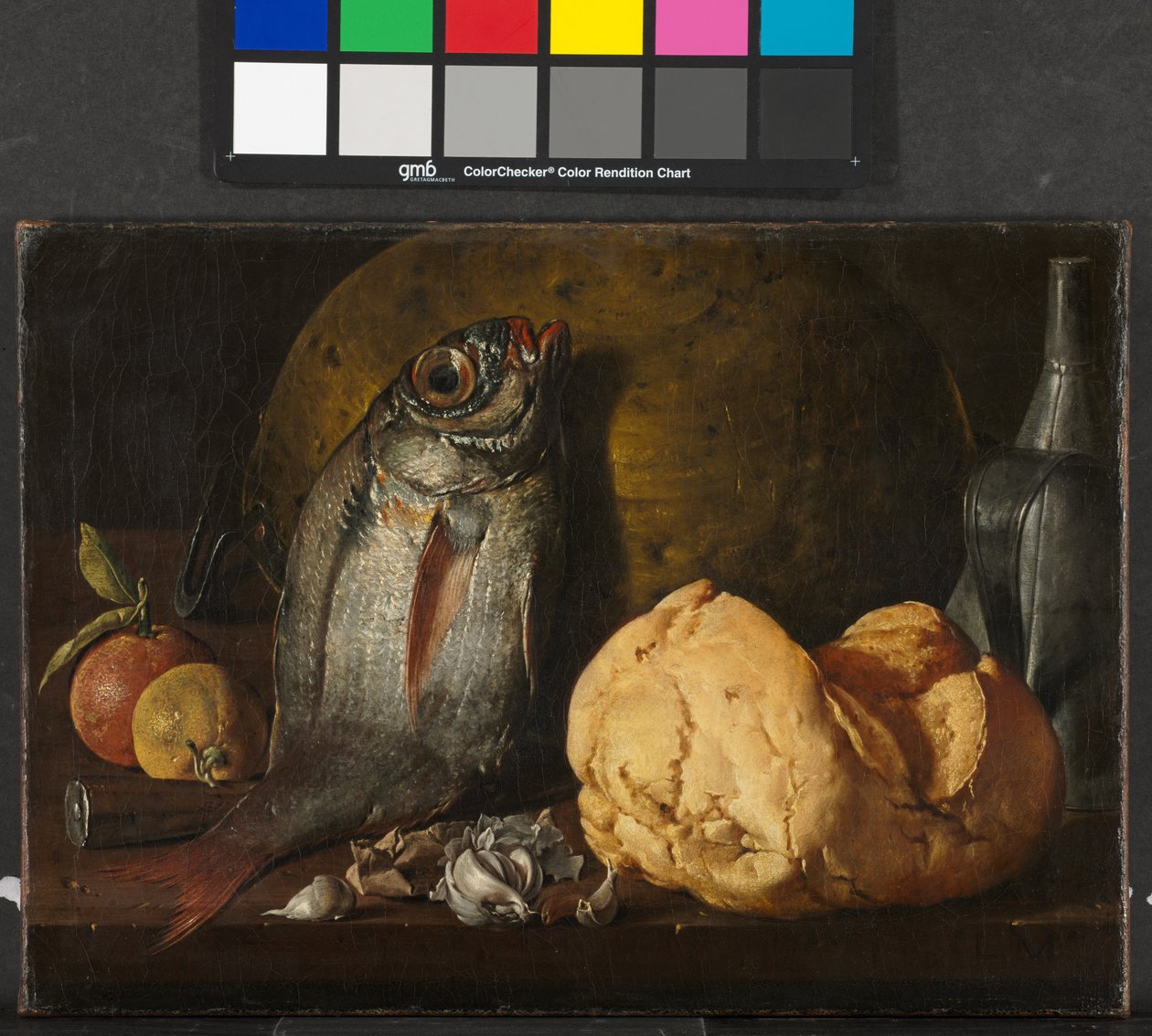Stilleben med fisk, brød og kjele, ca. 1772 av Luis Menendez or Melendez