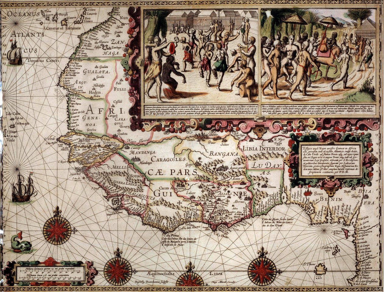 Geografisk kart over Guinee laget av kartograf Luis Teixera (eller Teixeira), ca. 1586. Øverst til høyre, representasjon av en dansescene blant urbefolkningen (afrikanere). av Luis Teixeira