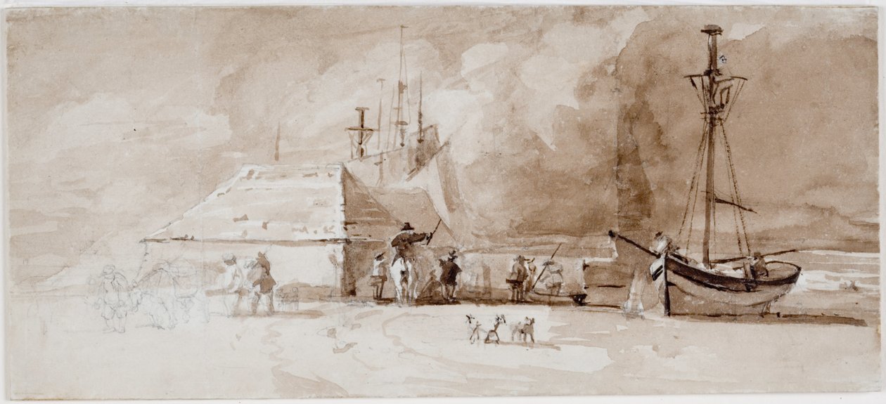 Strandscene med ryttere (blyant og akvarell på kort) av Luke Clennell