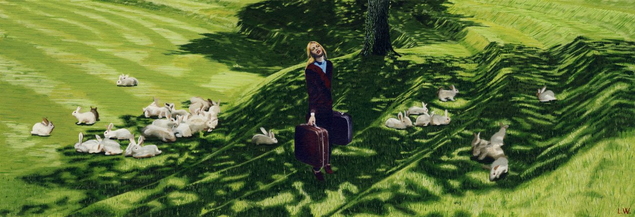 Opp og ned på drømmelandets ryggrad med røde flamingoer og dyr vin, ca. 2011 (akrylmaling på papir) av Luke Waller