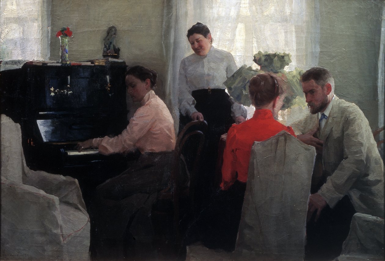 Pretendenten (en ung mann som frier under tilsyn av to kvinnelige ledsagere, hvorav den ene spiller piano) (Broom) - Maleri av Lukian Vasilyevich Popov (1873-1914), olje på lerret (54x80 cm) av Lukjan Vasilievich Popov