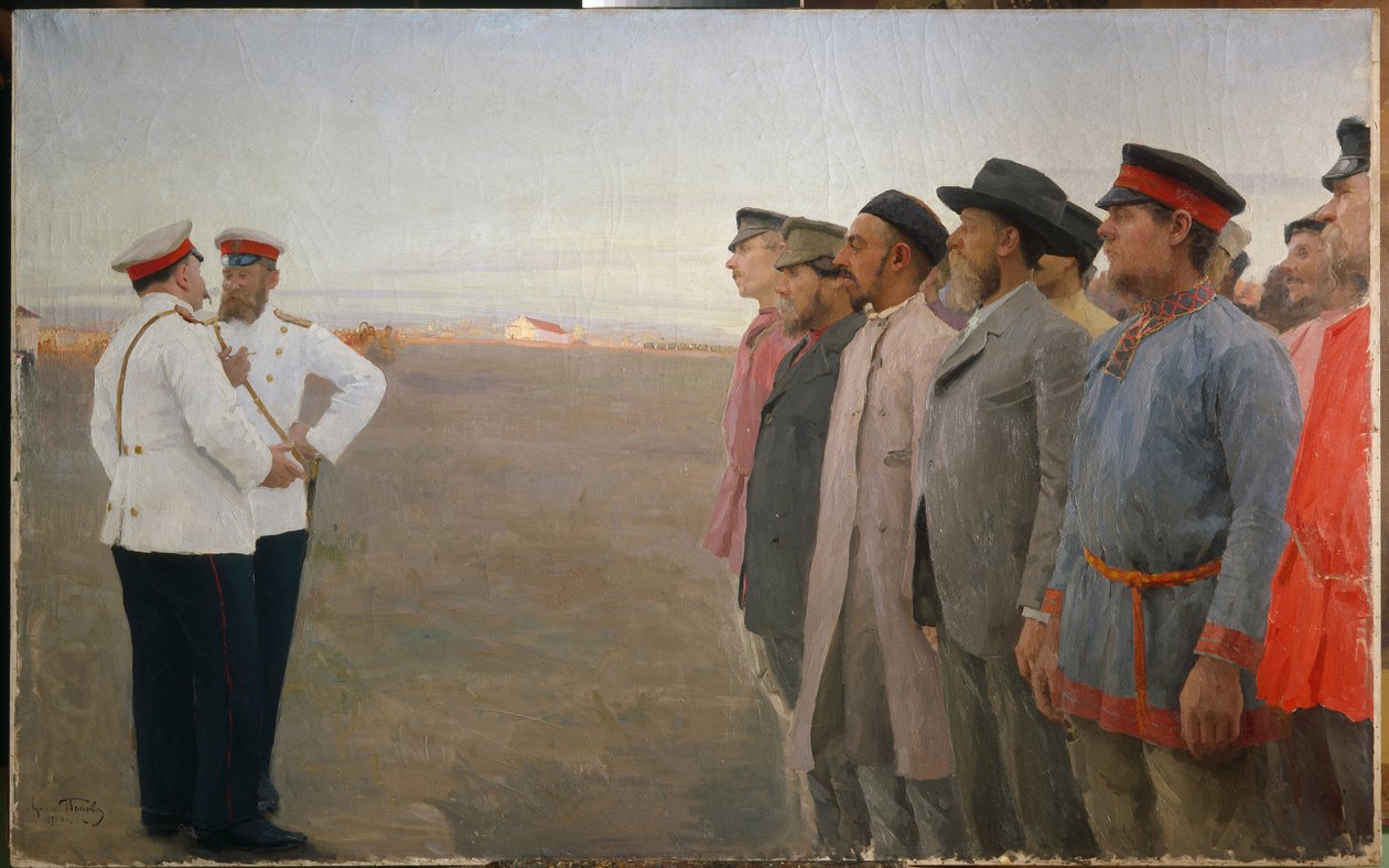 Rekruttering - Maleri av Lukian Vasilyevich Popov (1873-1914), olje på lerret av Lukjan Vasilievich Popov
