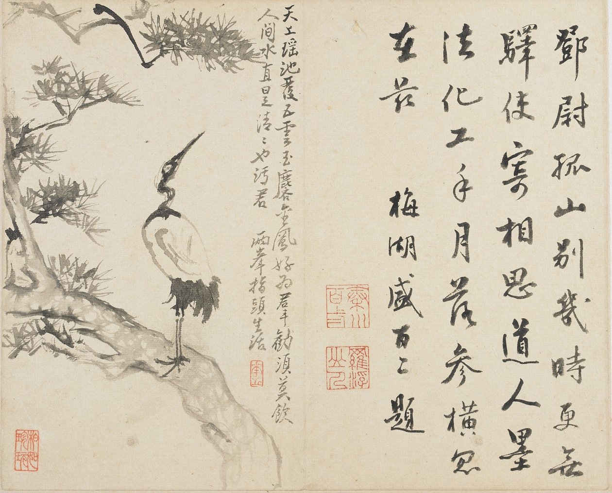 Landskap, blomster og fugler: Trane på furu, Qing-dynastiet, 1780 (blekk på papir) av Luo Ping