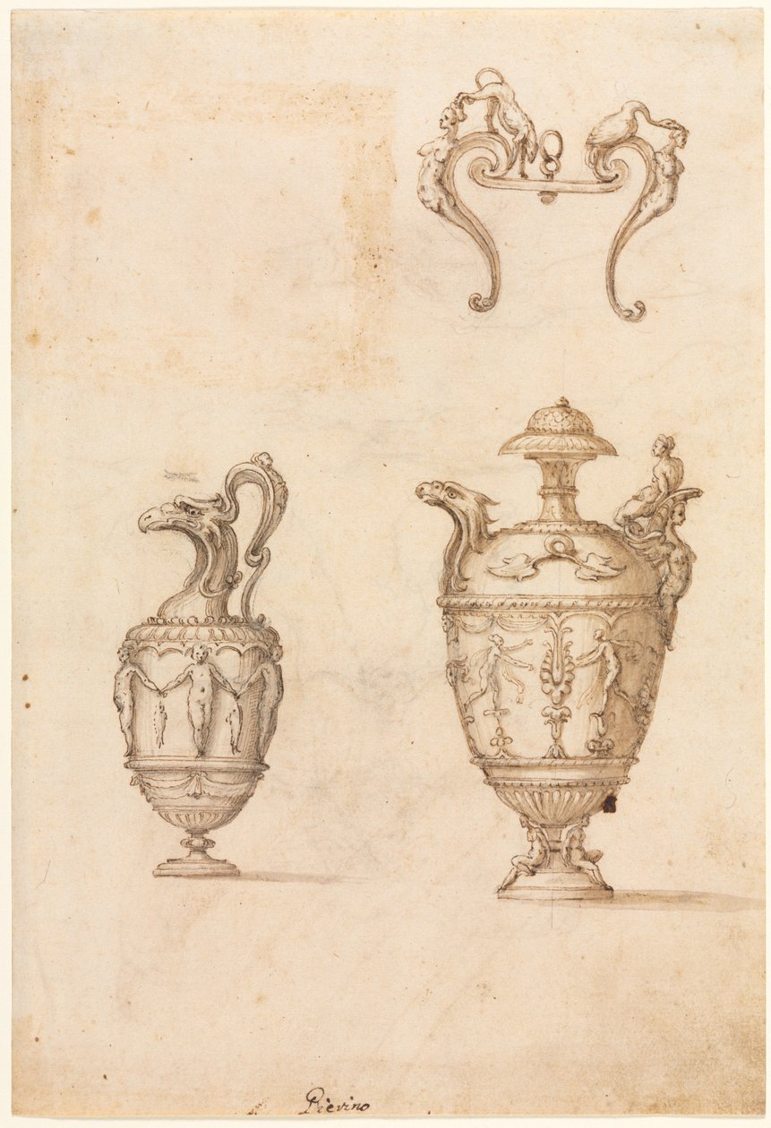 Design for to vaser og et ornament (recto) av Luzio Romano