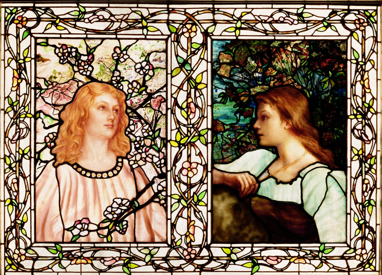 Vår og høst, produsert av Tiffany Glass & Manufacturing Co., ca. 1892 (blyglass) av Lydia Field Emmett