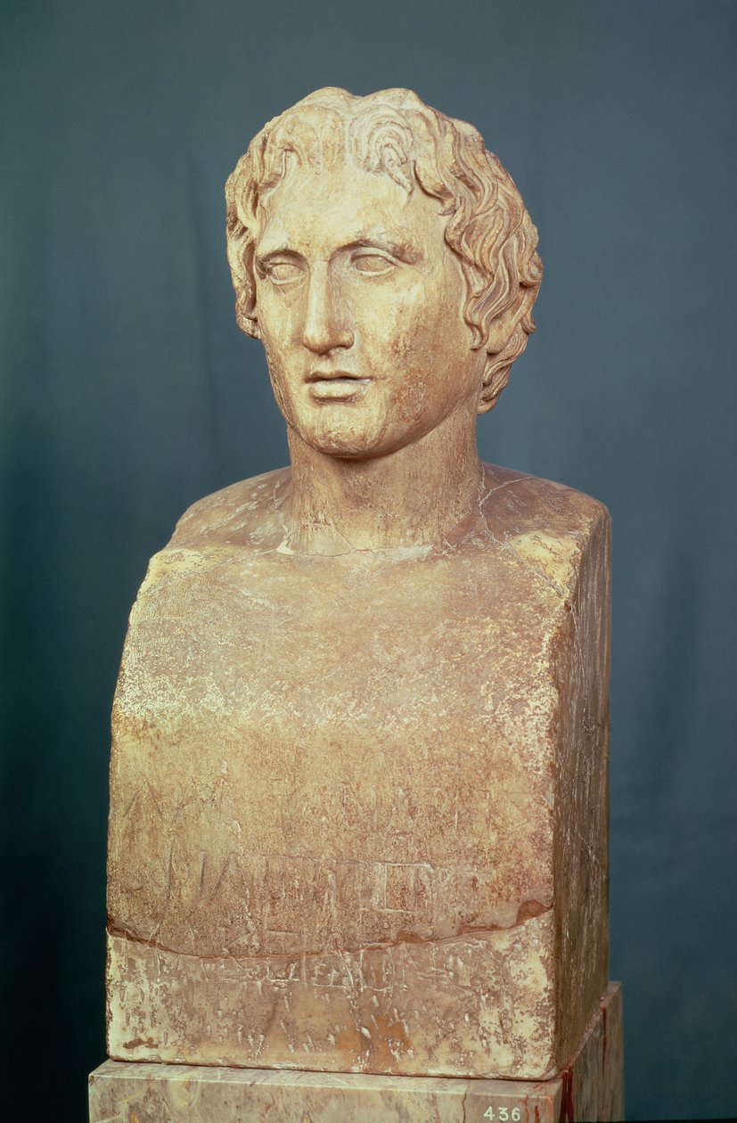 Portrait bust of Alexander the Great (356-323 BC) known as the Azara herm, Greek replica of 4th century BC original (marble) av Lysippos (after)