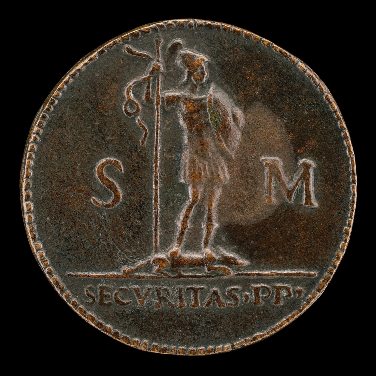 Væpnet skikkelse som står på en ulv på knestående [revers]. av Lysippus Junior