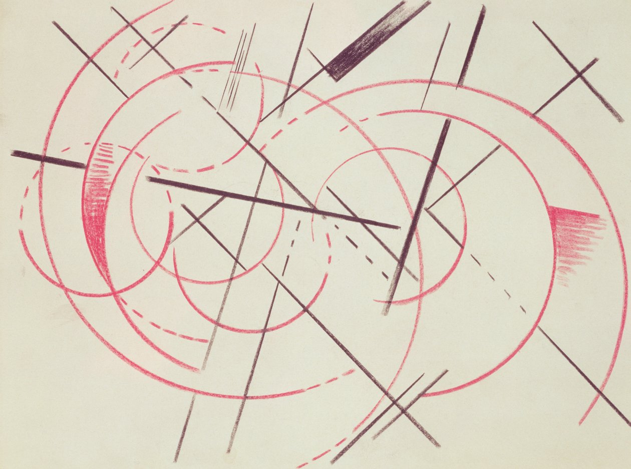 Konstruktivistisk komposisjon, 1922 (rød og svart fargestift på papir) av Lyubov Sergeevna Popova