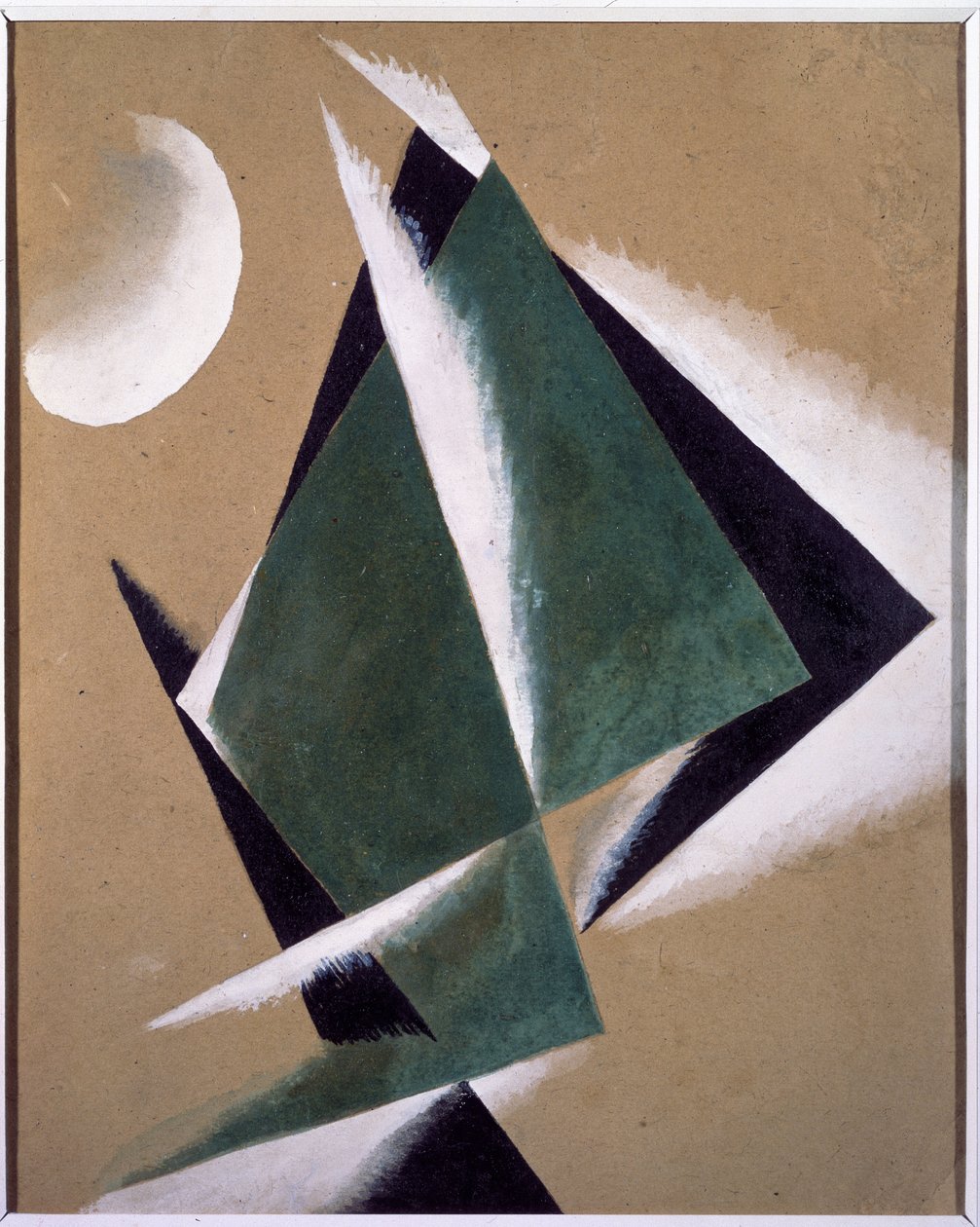 Konstruksjon med hvit halvmåne. Verk av Lyubov (Lioubov) Sergeyevna Popova (1889-1924), gouache på papp av Lyubov Sergeevna Popova