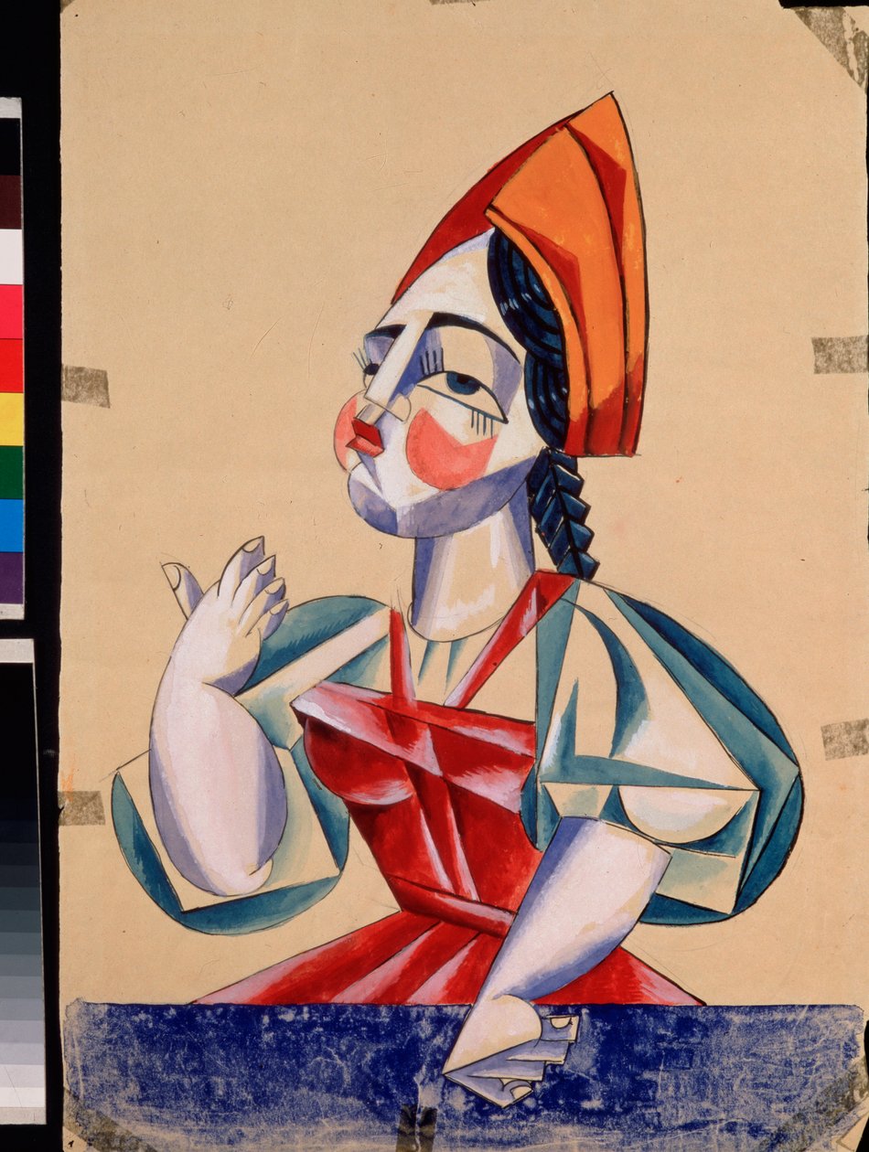 Forberedende kostyme for en kvinnelig karakter i stykket "Du pope et de son valet Balda", av Alexander Pushkin (1799-1837). Verk av Lyubov (Lioubov) Sergeyevna Popova (1889-1924), gouache og blekk på papir av Lyubov Sergeevna Popova