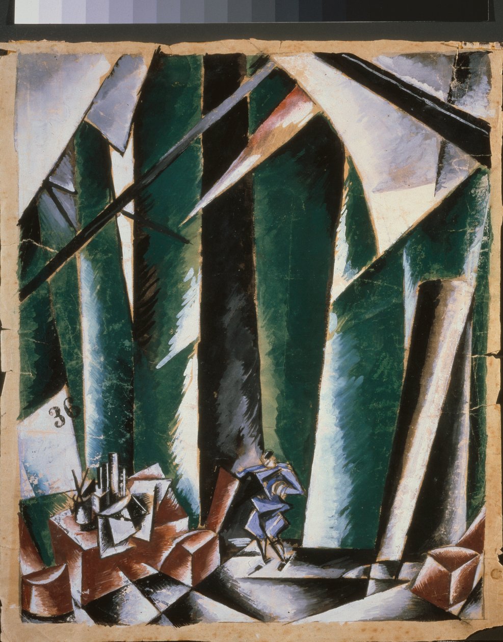 Forberedende dekor til stykket ""kansleren og låsesmeden"". Verk av Lyubov (Lioubov) Sergeyevna Popova (1889-1924), gouache og blekk på papir av Lyubov Sergeevna Popova