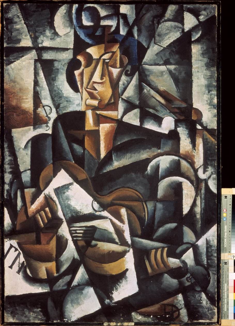 Kvinne med gitar. Maleri av Lyubov (Lioubov) Sergeyevna Popova (1889-1924), olje på lerret av Lyubov Sergeevna Popova