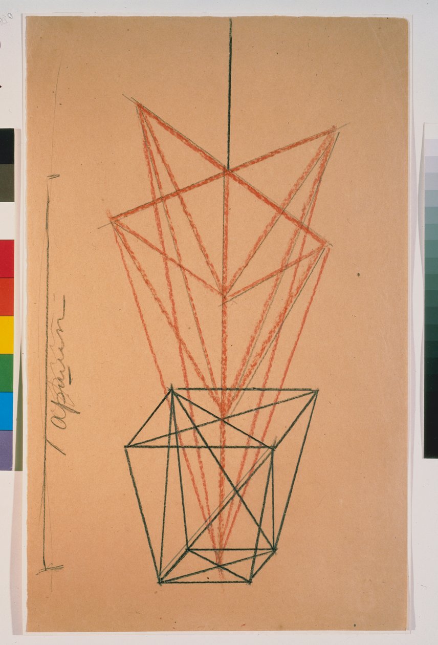 Pelargonier i potte. Skisse til stykket ""Le cocu magnificient"" av Fernand Crommelynck (1886-1970). Verk av Lyubov (Lioubov) Sergeyevna Popova (1889-1924), blyant på papir av Lyubov Sergeevna Popova