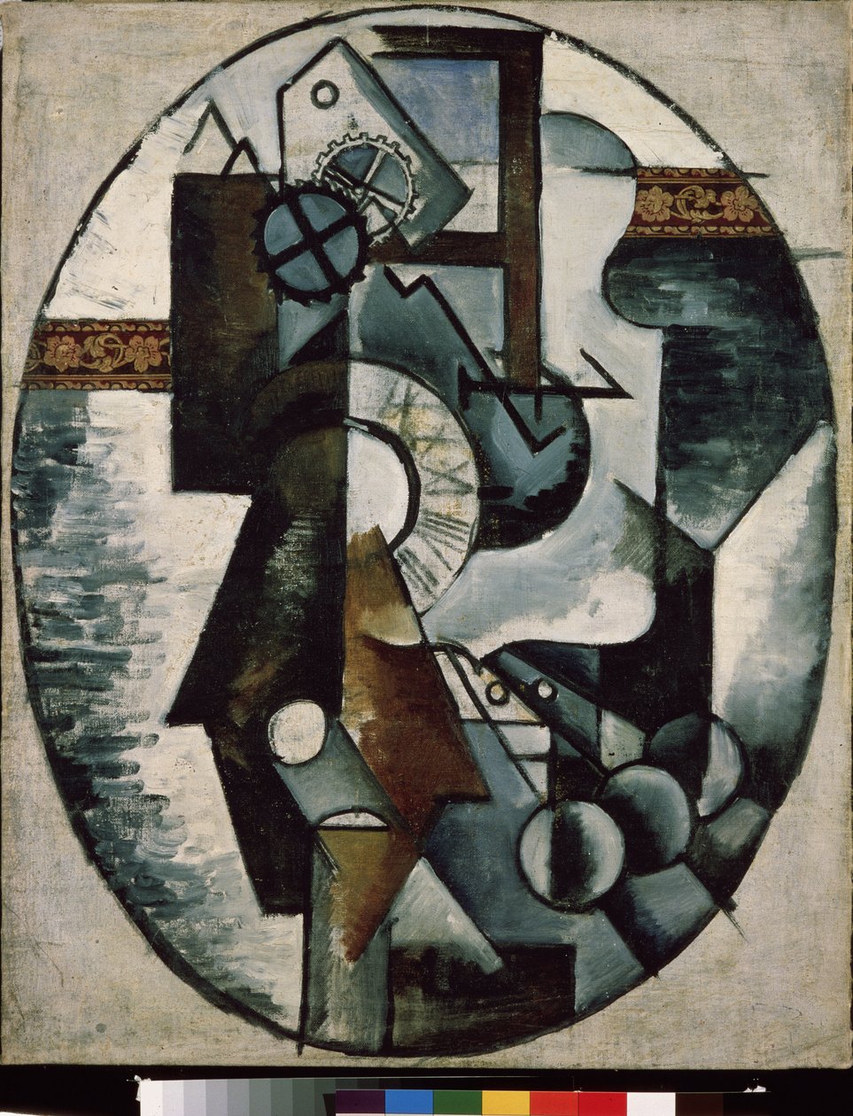 Klokken. Maleri av Lyubov (Lioubov) Sergeyevna Popova (1889-1924), olje på lerret og collage av Lyubov Sergeevna Popova