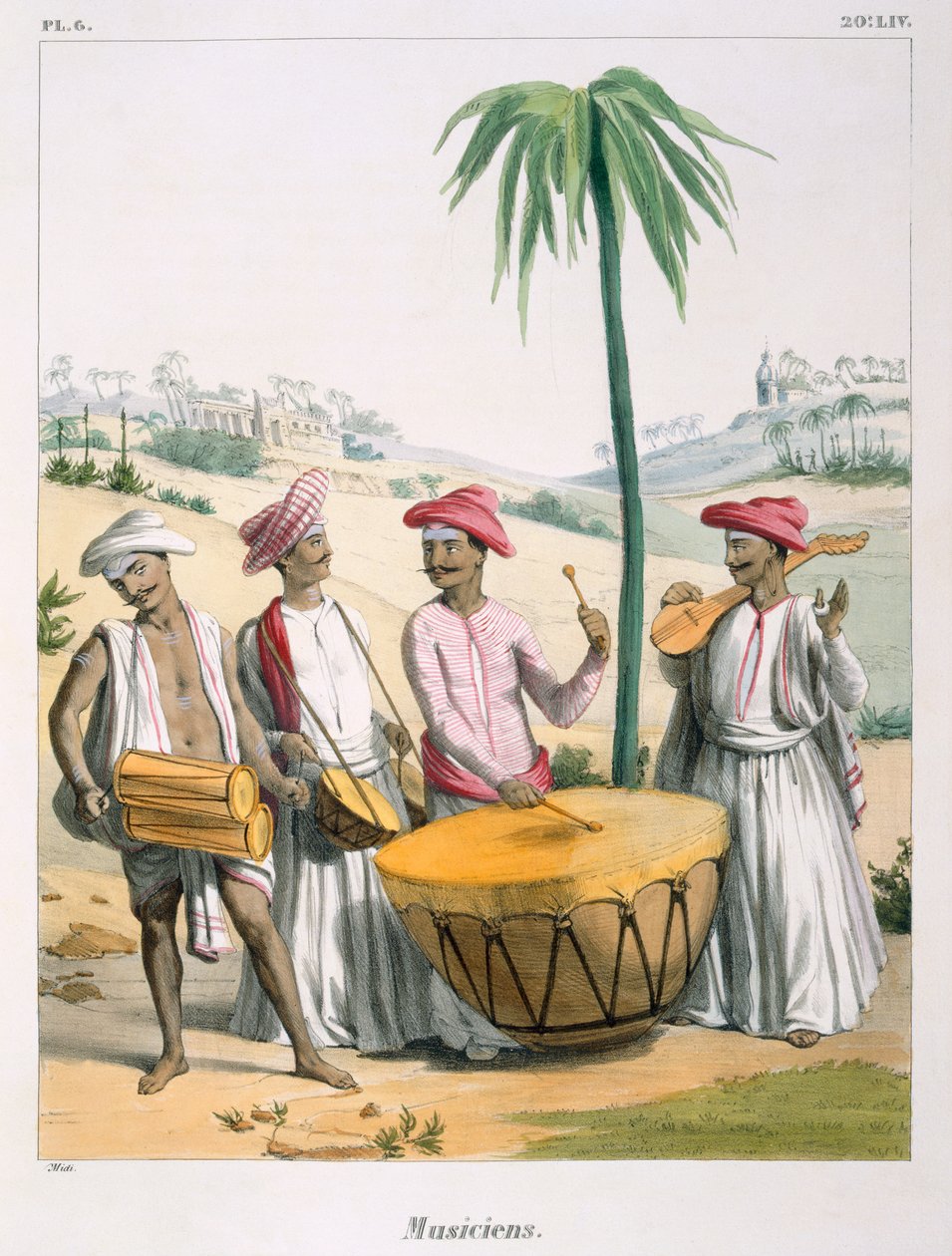 Musikere med en stor kjeletromme, 1827-35 av M.E. Burnouf