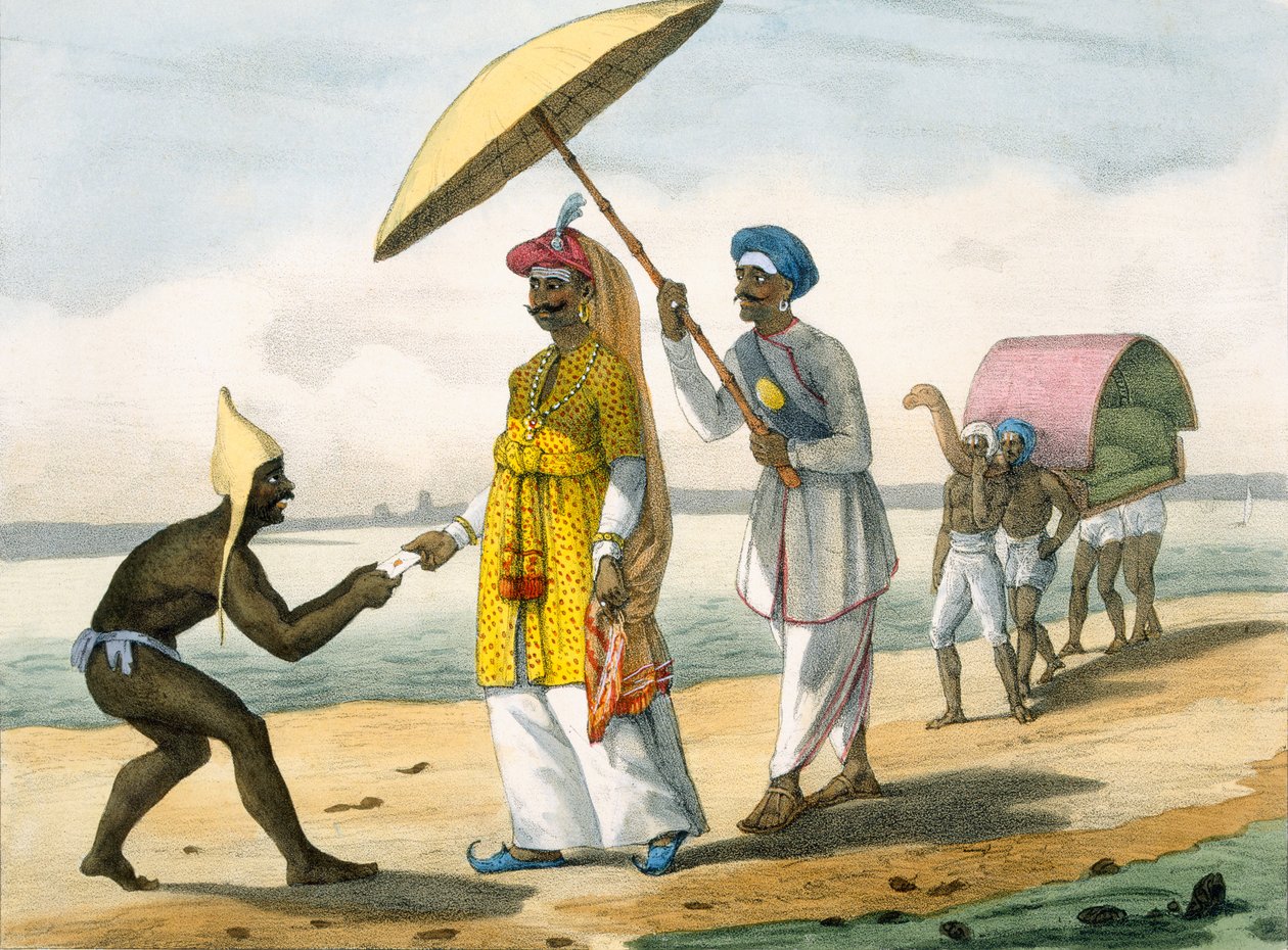 Paleagar leverer et brev til grandees på en strand, 1827-35 av M.E. Burnouf