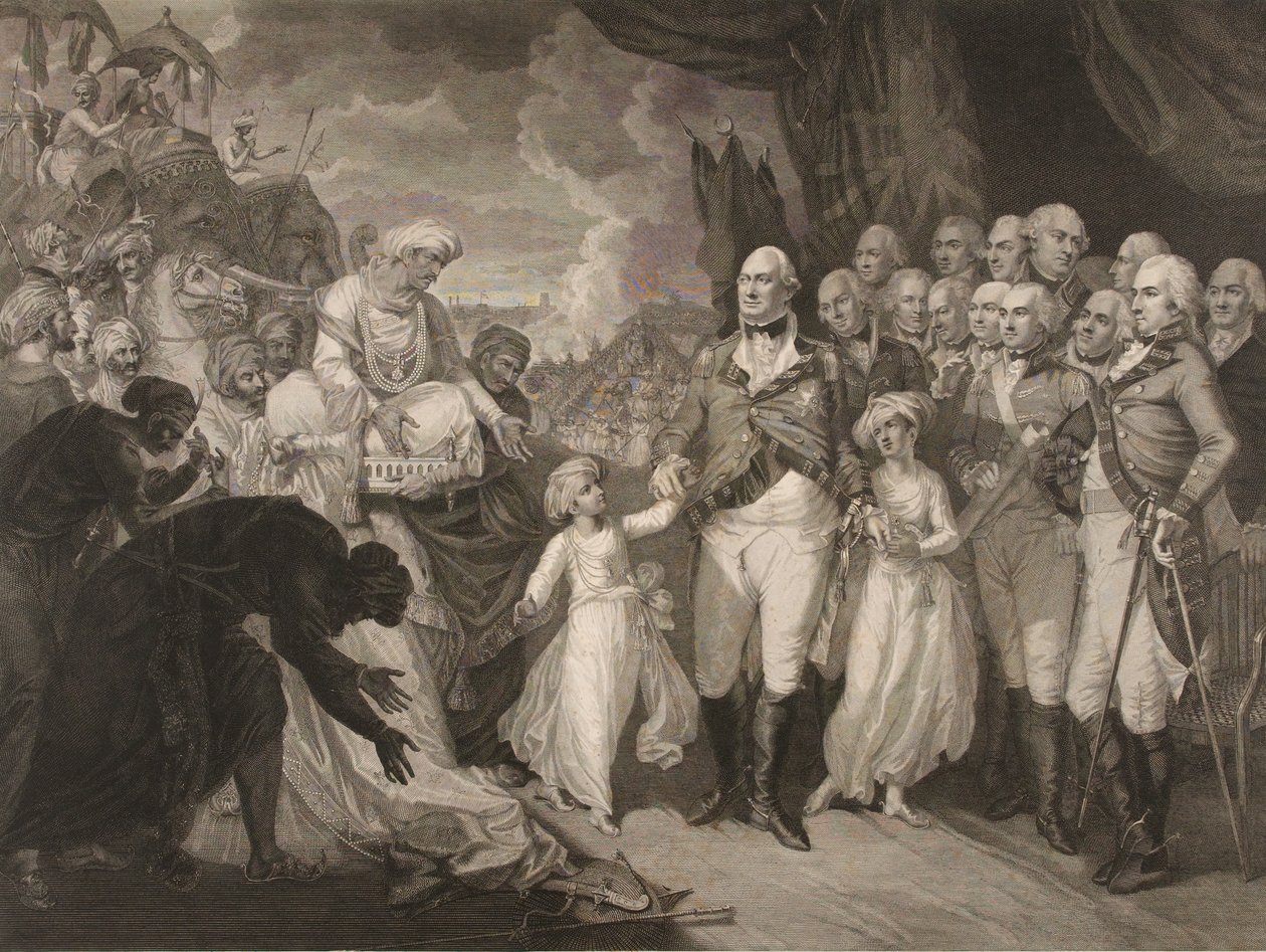 Marquis Cornwallis mottar gisselprinsene, sønner av Tippoo Sultan av M. (after) Brown
