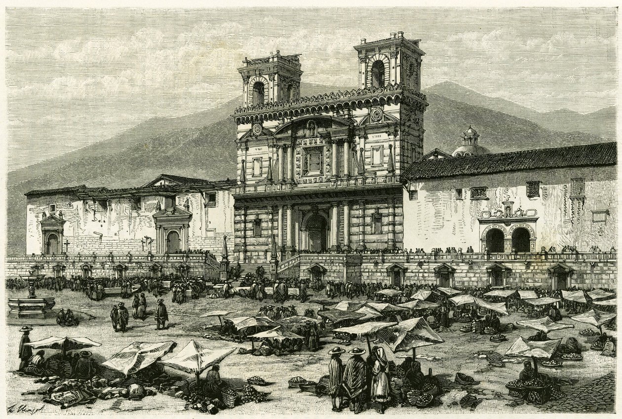 Katedralen i Quito (hovedstaden i dagens Ecuador) og den populære underholdningen på torget. Gravering av Clerget og Ferdinandus, for å illustrere historien "Equinoxiale America"" av M. (after) Ferdinandus