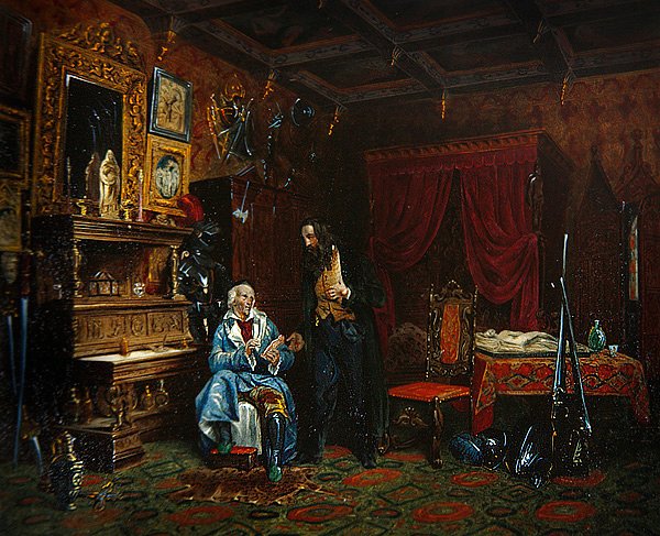 Interiør i et antikvarisk rom med middelaldermøbler, ca. 1838-46 (farge litho) av M. (after) Renoux