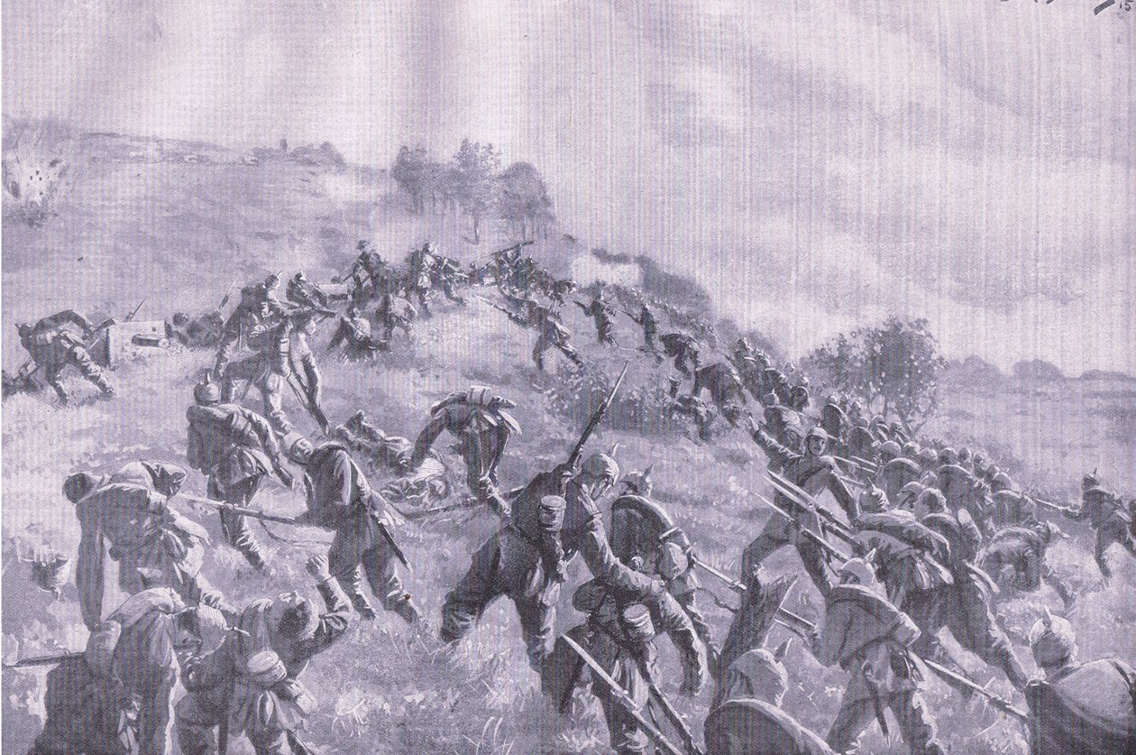 Gjenopptakelsen av Szawle. Storming the ridge, fra puben The Illustrated History of the World War 1914-1915. av Union Berlagsefellfchaft av M. Barascudts