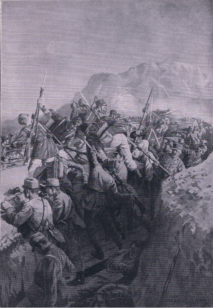 Mislykket angrep fra italienerne på Doberdo-høydene, fra puben The Illustrated History of the World War 1914-1915. av Union Berlagsefellfchaft av M. Barascudts