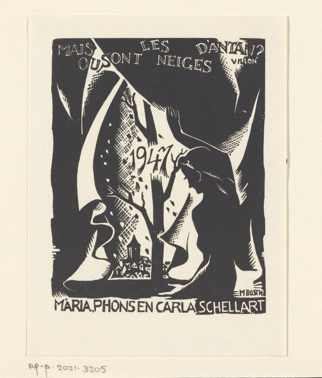Nyttårsønske for 1947 fra Carla, Mária og Phons Schellart av M. Bosch