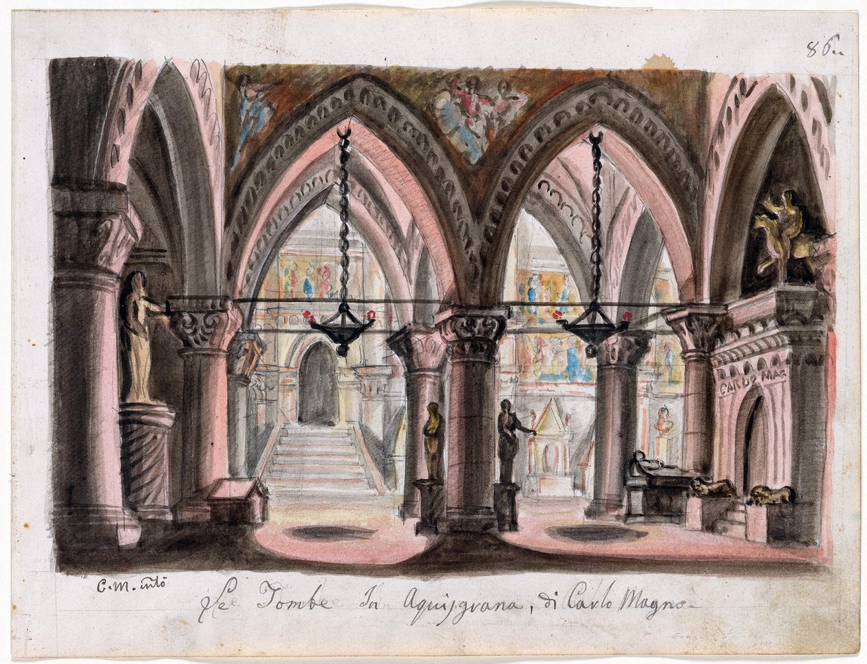 Le tombeau de Charlemagne a Aix-la-Chapelle - Scenografi for Operaen Ernani av Giuseppe Verdi - M. Conti (1810-1886). Akvarell på papir Dimensjon : 22x29 cm The Morgan Library & Museum, New York av M. Conti