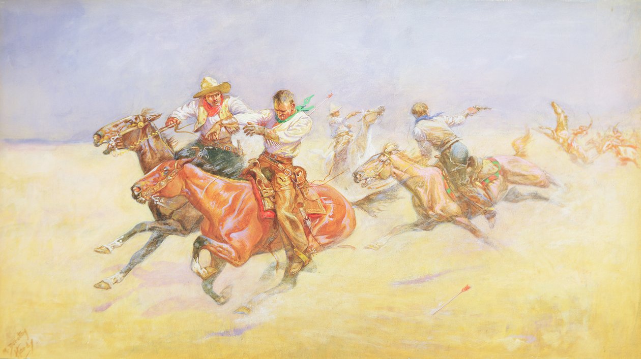 Cowboyer og indianere (akvarell og gouache på papir) av M. Dorothy Hardy