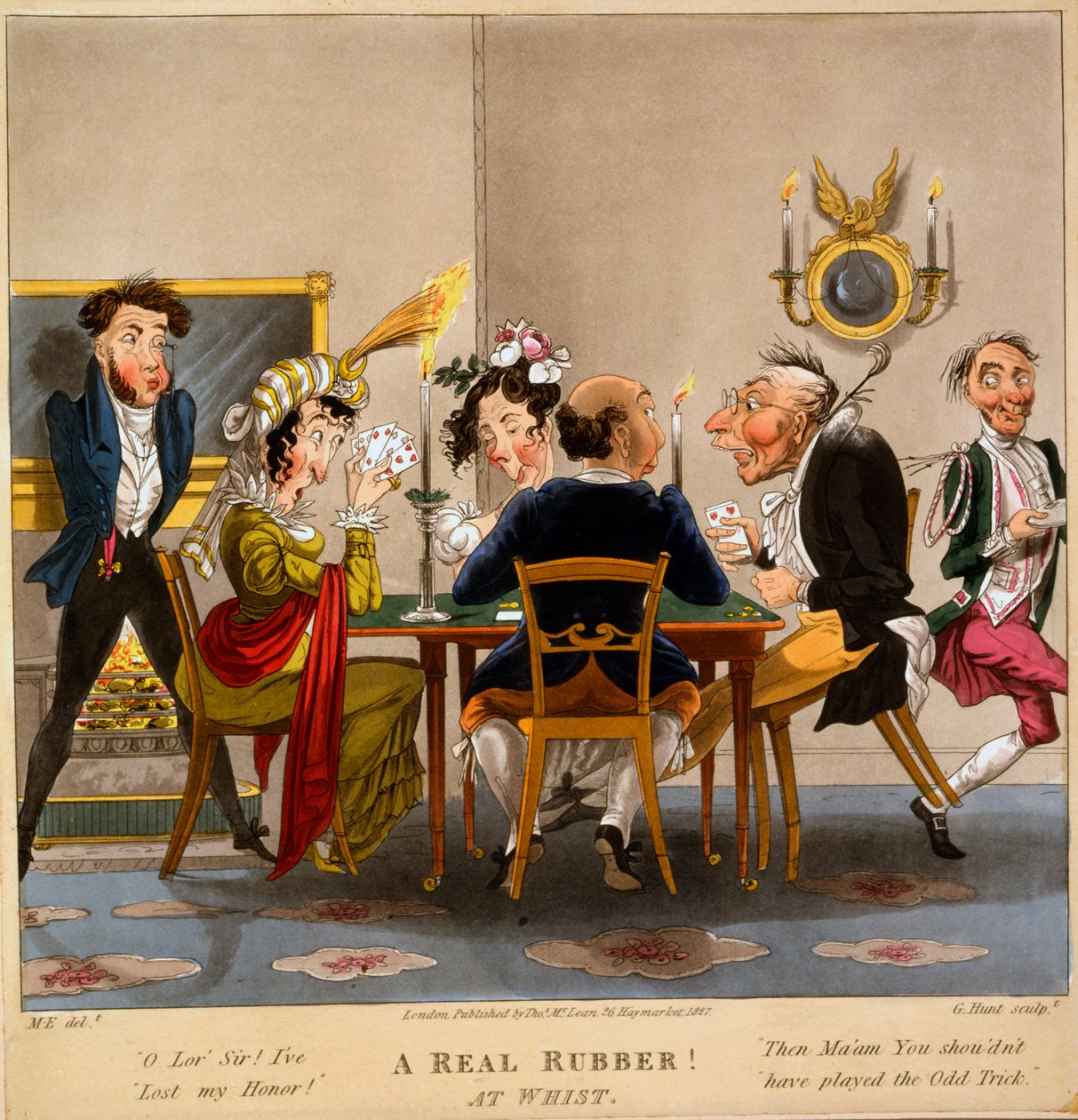 En ekte gummi! At Whist, trykk laget av George Hunt, 1827 (håndfarget gravering) av M. Egerton