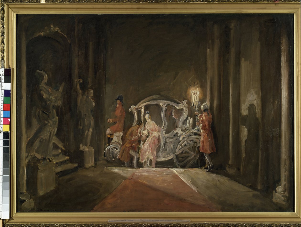 ""Une invitee"" (En gjest) En ung kvinne, som minner om Askepott, stiger på mystisk vis ned fra en vogn midt på natten. Maleri av Max Friedrich Hofmann (1873-1937) 1926 Mål 116x161 cm Mikalojus Konstantinas Ciurlionis Museum of Fine Arts, Kaunas, Litt av M. F. Hofmann