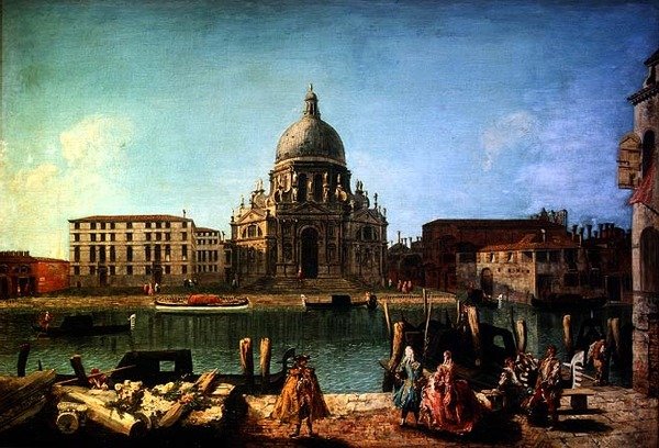 S. Maria della Salute fra Rio de San Moise, Venezia, med herrer og gondoliere i forgrunnen av M. and Guardi G.A. Marieschi