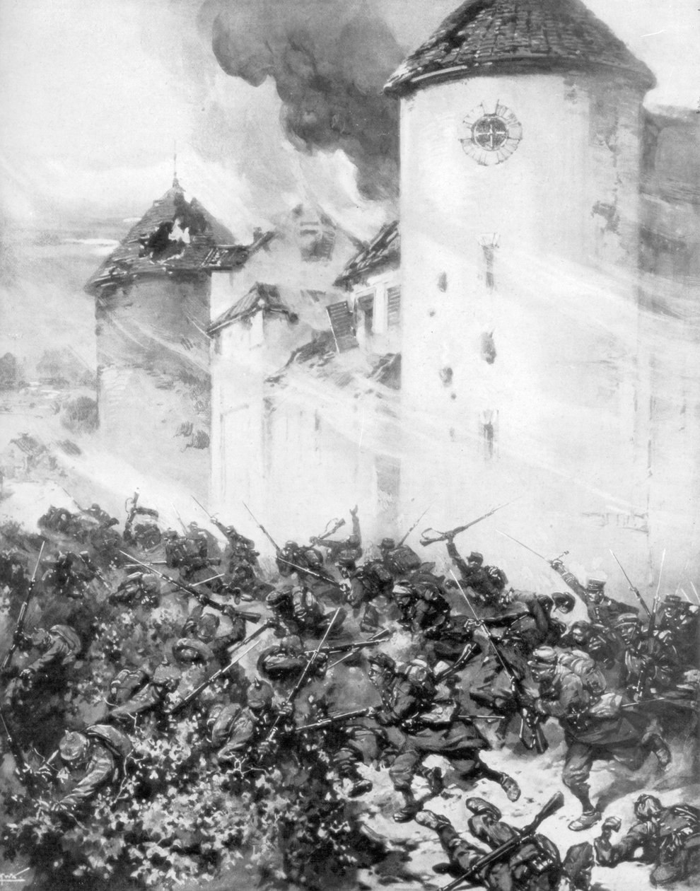 Franskmenn og tyskere kjemper under murene til Chateau de Mondement, Frankrike, 1914. av M. H. W. Koekkok