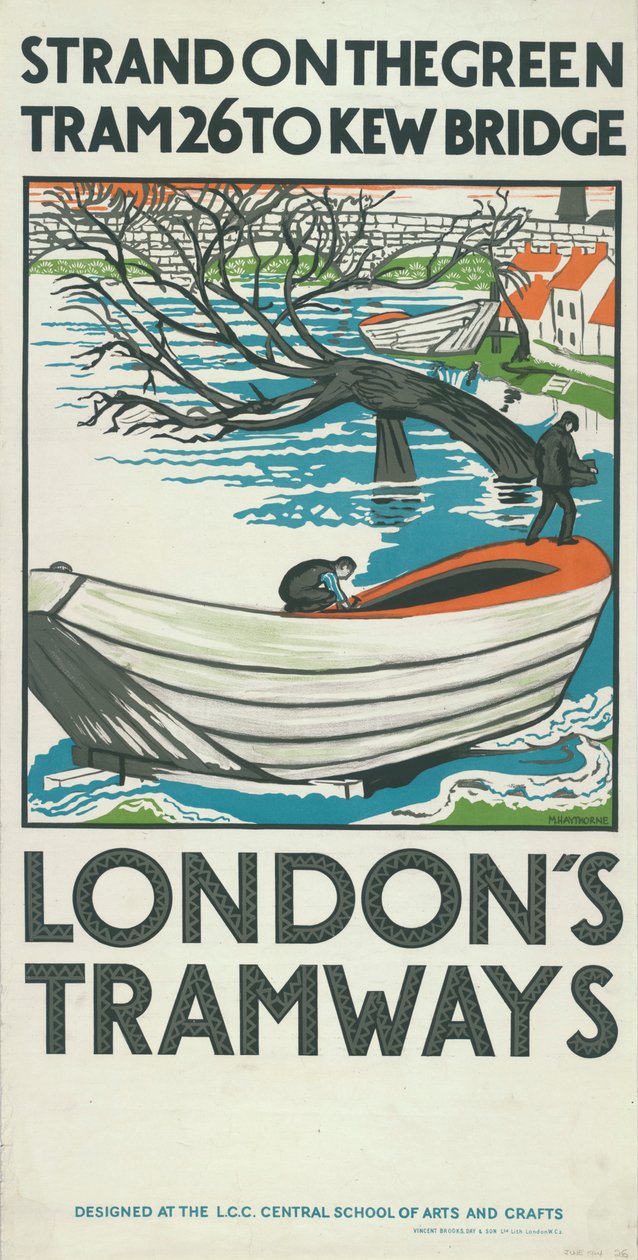 'Strand on the Green, Tram 26 to Kew Bridge', London County Council LCC Tramways-plakat, 1924 av M Haythorne