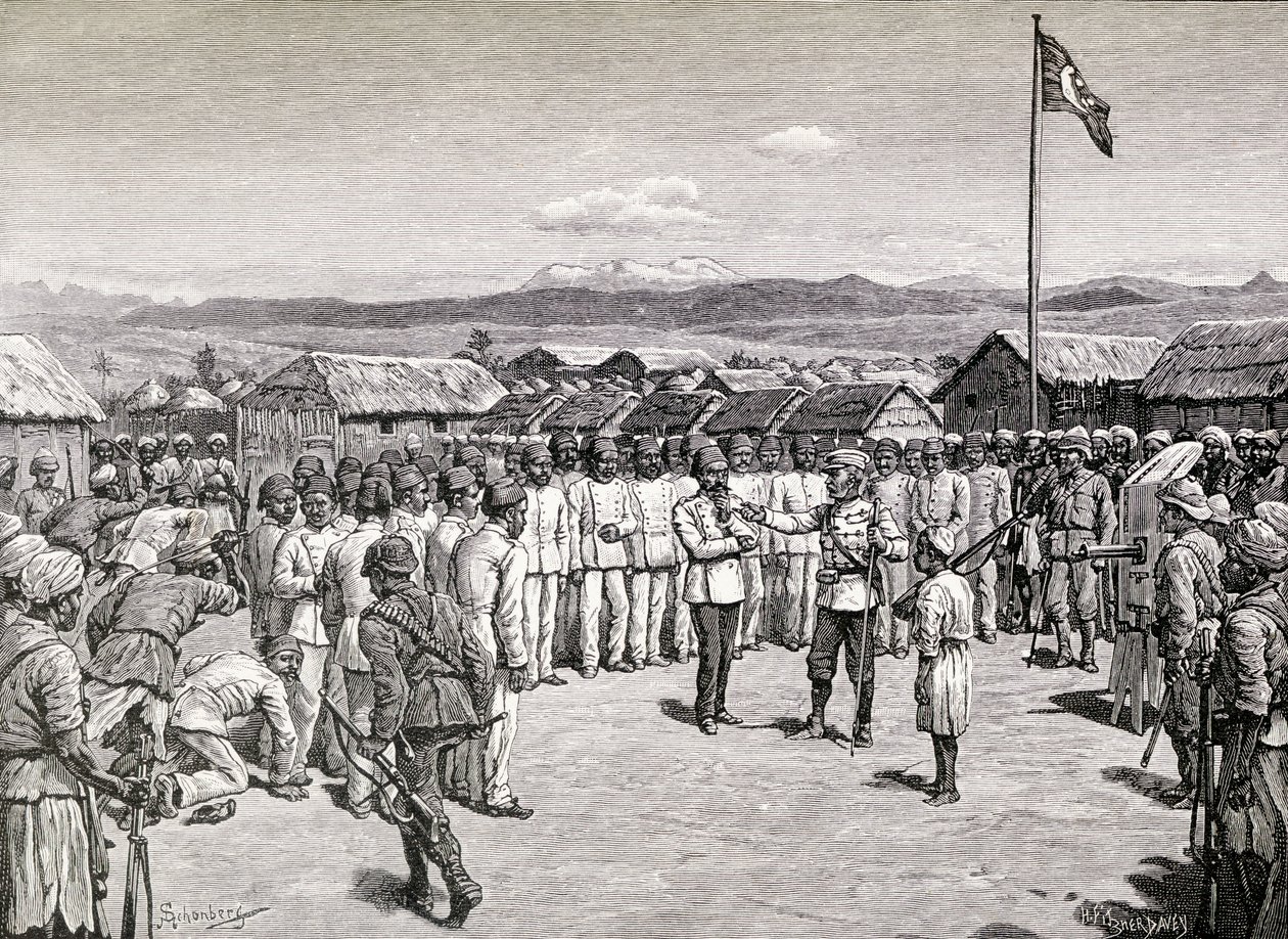 Sir Henry Morton Stanley henvendte seg til opprørsoffiserer i Kavalli, 1890 (tregravering) av M. Schonberg