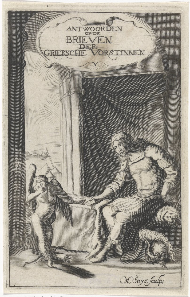 Gresk kriger mottar et brev fra Amor Tittelside for: Christoffel Pierson, Answers of the Griecksche Vorsten to Twelve av Ovidius Nazoos Mourning Letters of the Blakende Vorstinnen, 1658 av M. Suys