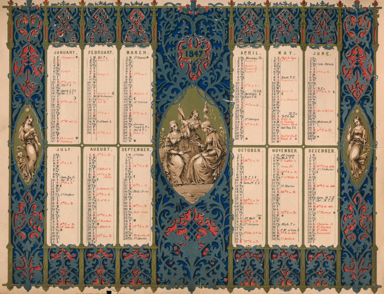 Kalender med helgendager og kongelige fødselsdager, 1847. av M and N Hanhart