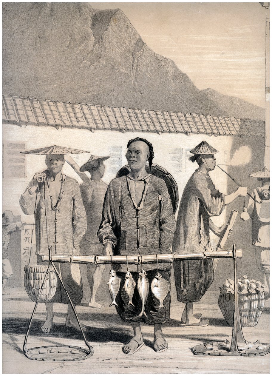 Fiskehandlere, Victoria Street, Hong Kong, Kina, c1860. av M and N Hanhart