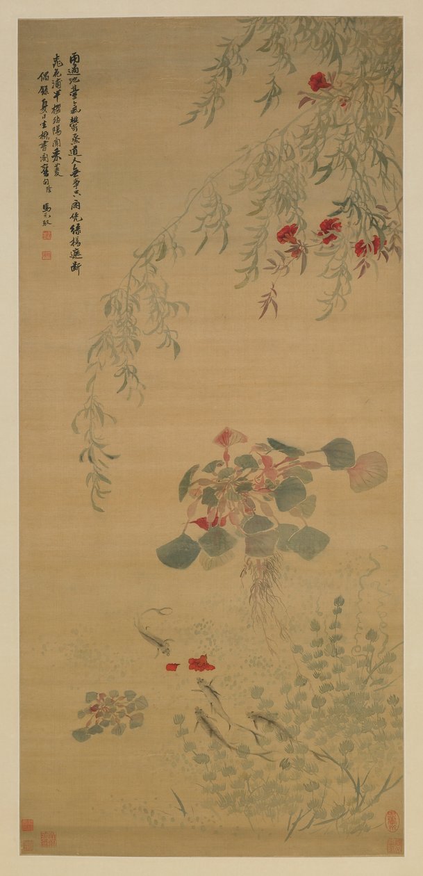 Fallne blomster, Nysgjerrig fisk, Qing-dynastiet, tidlig på 1700-tallet (farge på silke) av Ma Yuanyu