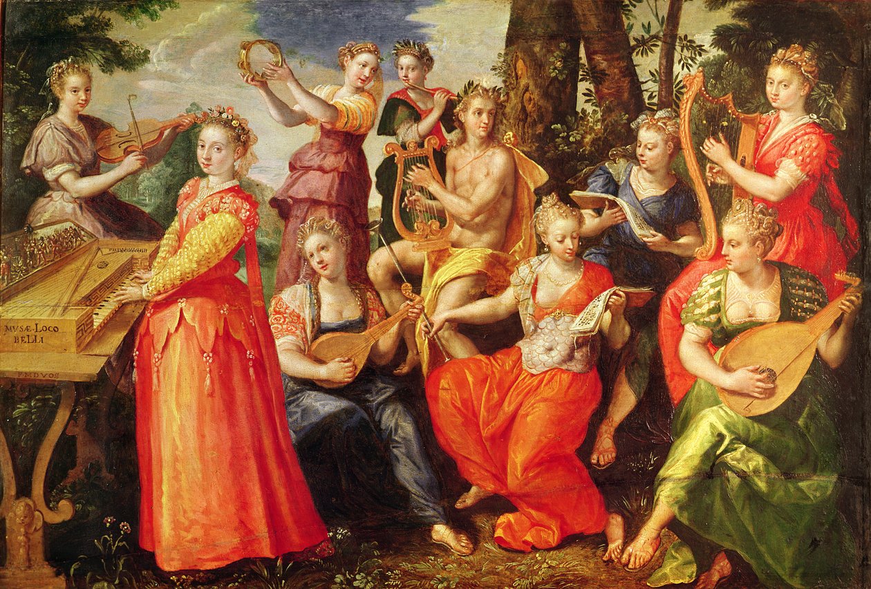 Apollo og musene (olje på tre) av Maarten de Vos