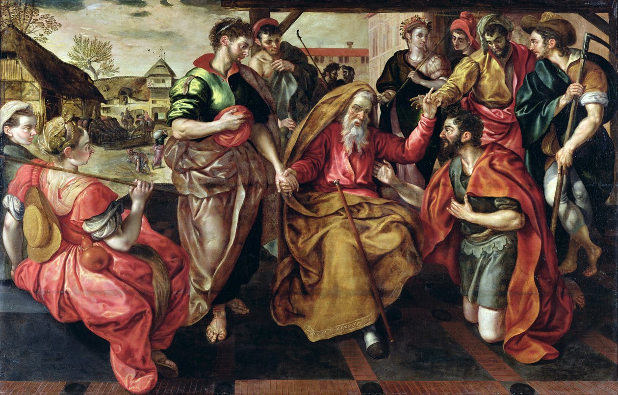 Eliezer ber om at Rebecca skal gifte seg med Isaac, 1562 av Maarten de Vos