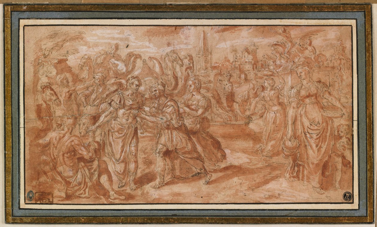 Laban og Rebecca mottar Eliezer, 1561-62 (penn og brunt blekk med rød vask og hvit forhøyning) av Maarten de Vos