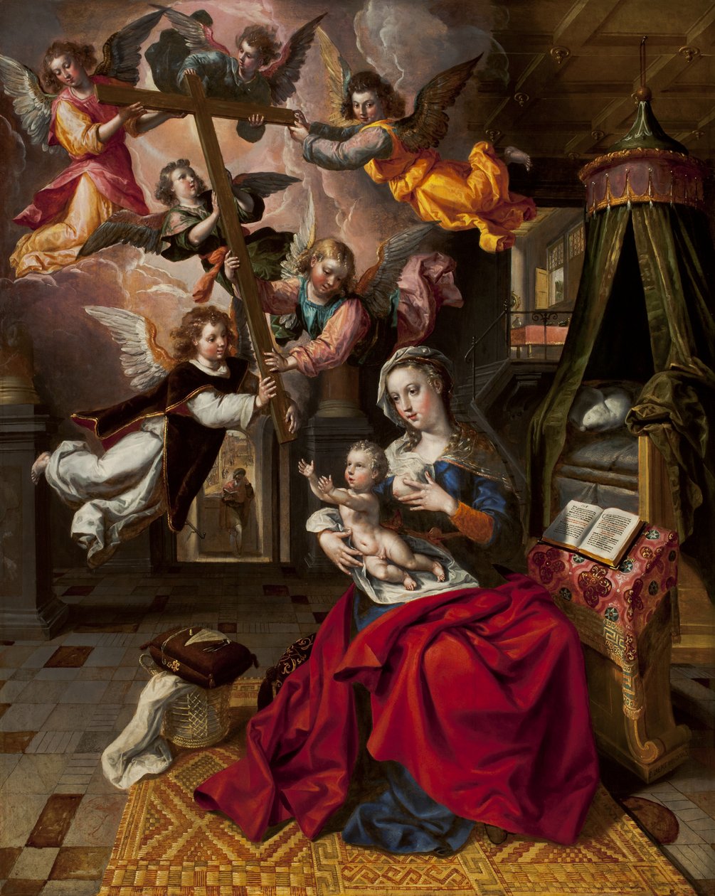 Jomfru med Kristusbarnet som tar imot korset, ca.1600 av Maarten de Vos