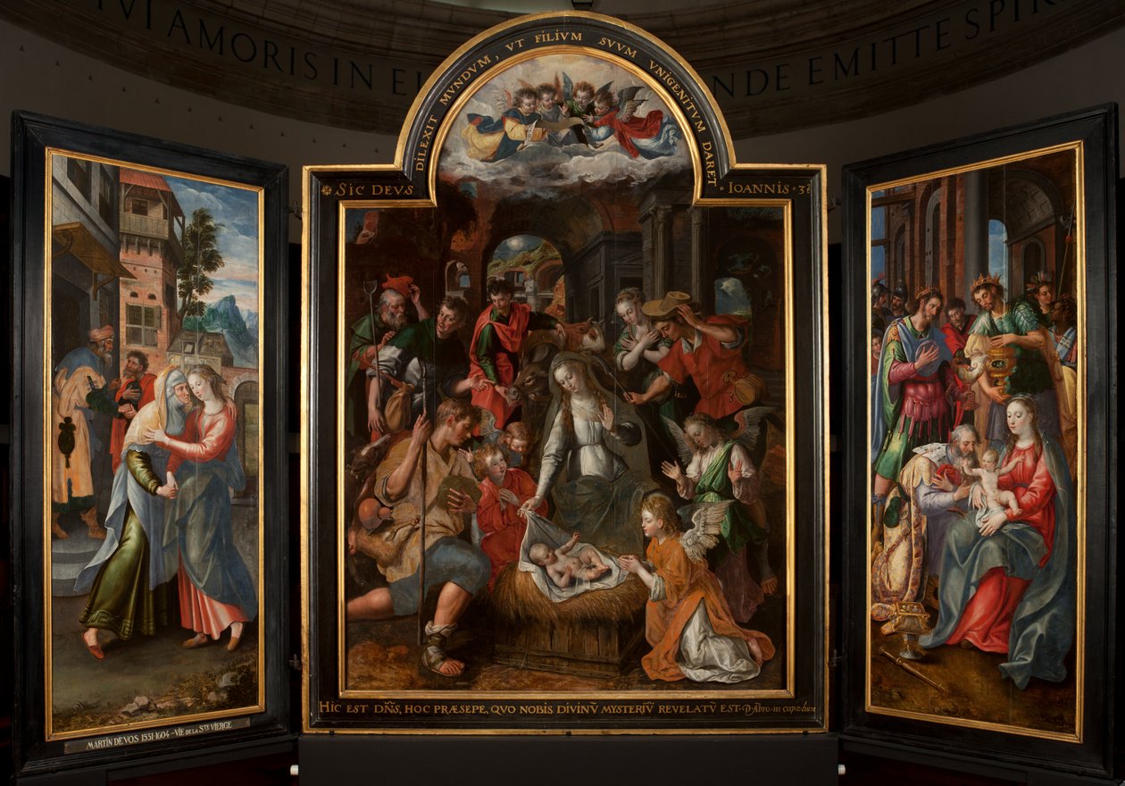 Tilbedelse av Magi, Triptych, Sentralpanel, detalj, maleri på tre av Maarten de Vos